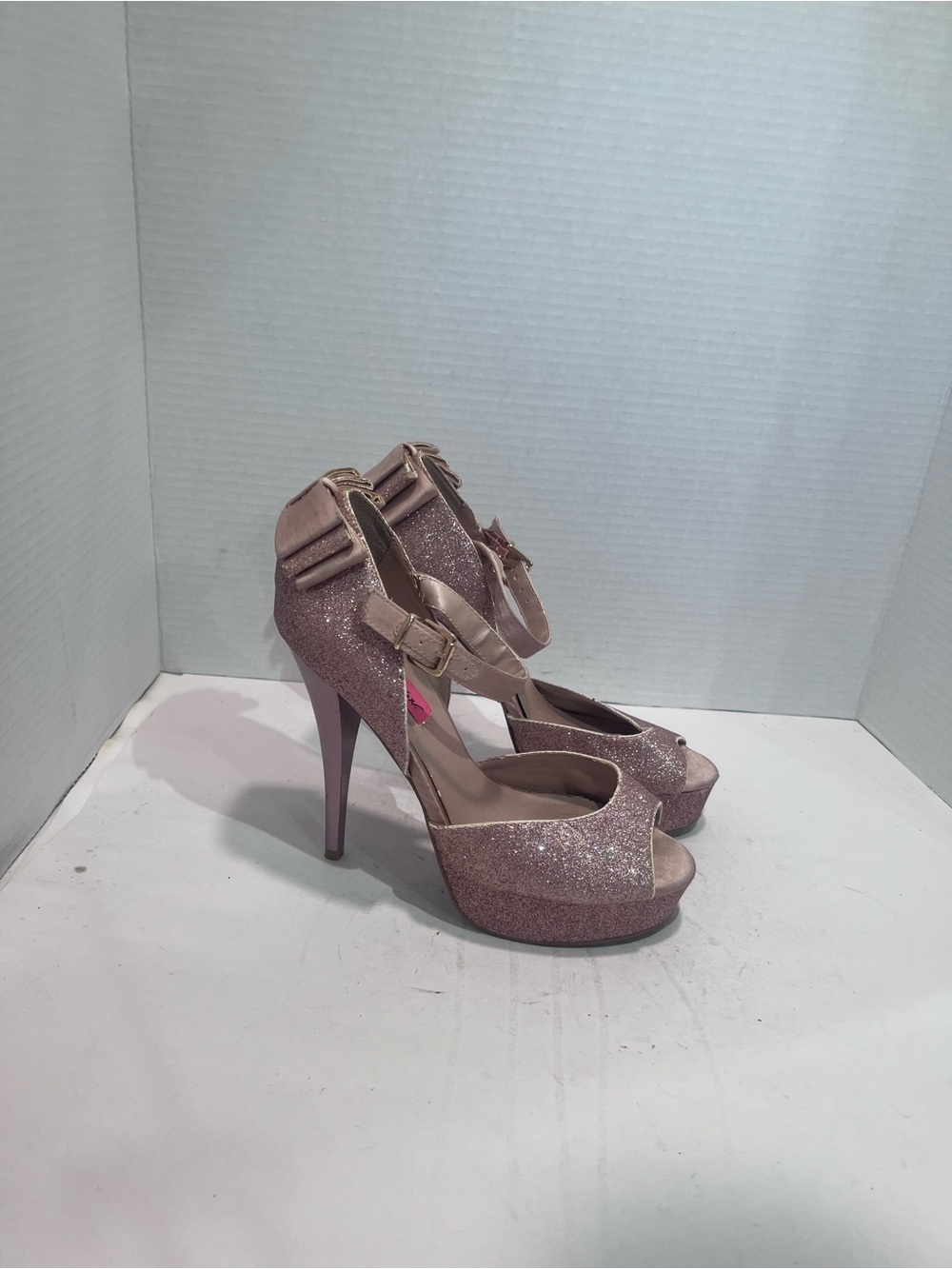 Betsey Johnson Pink Glitter Peep-Toe Platform Heels with Ankle Strap